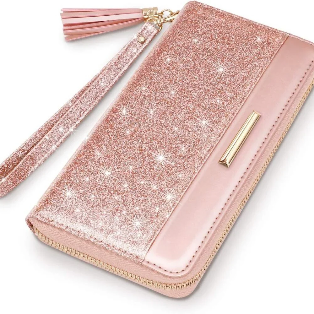 Women Wallet PU Leather Glitter Card Holder Organizer Clutch with Tassel